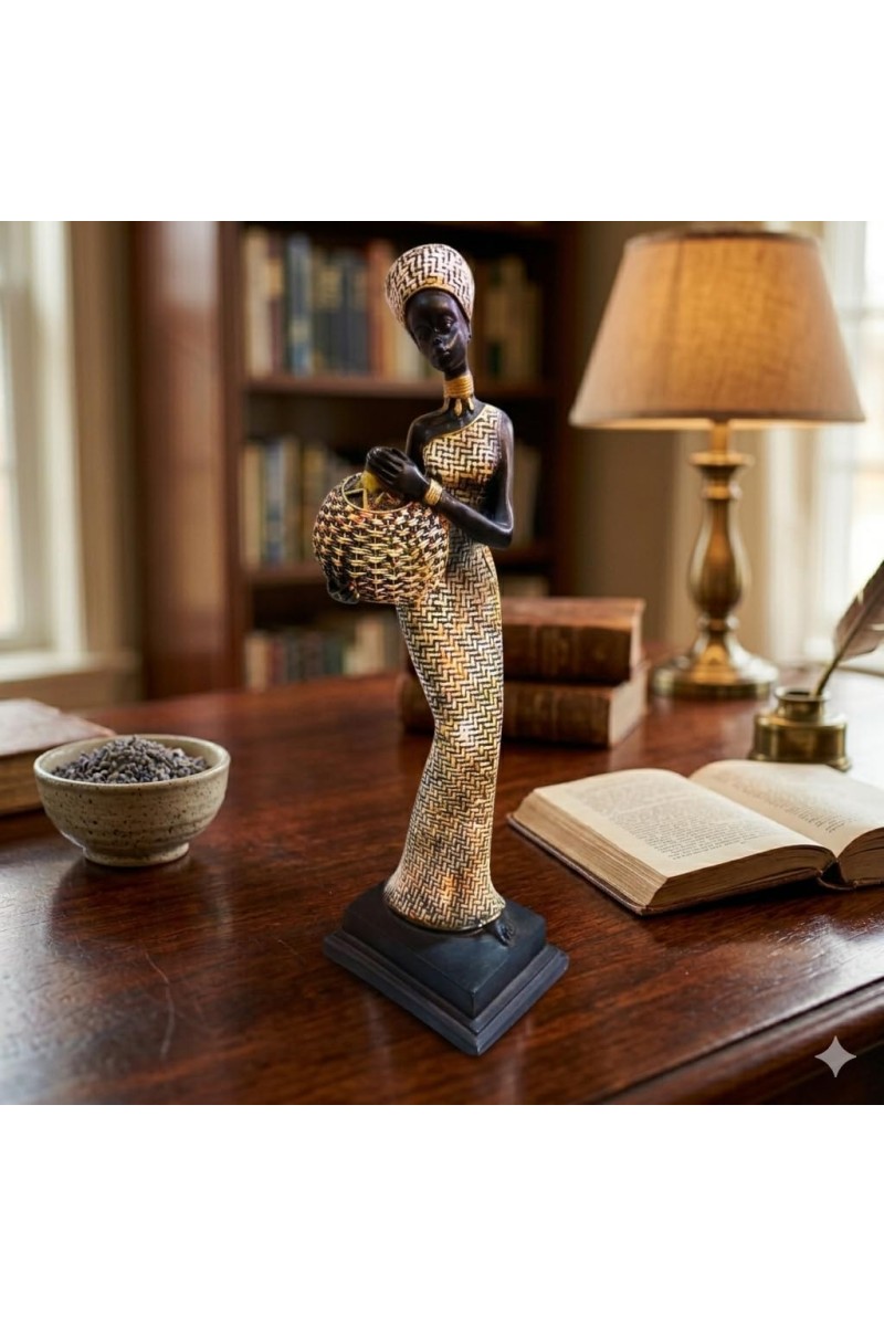 Handcrafted African Lady Figurine with Basket – Elegant Resin Tribal Woman Statue for Home Decor – Artistic Showpiece for Living Room, Office, Shelf & Gift Purpose