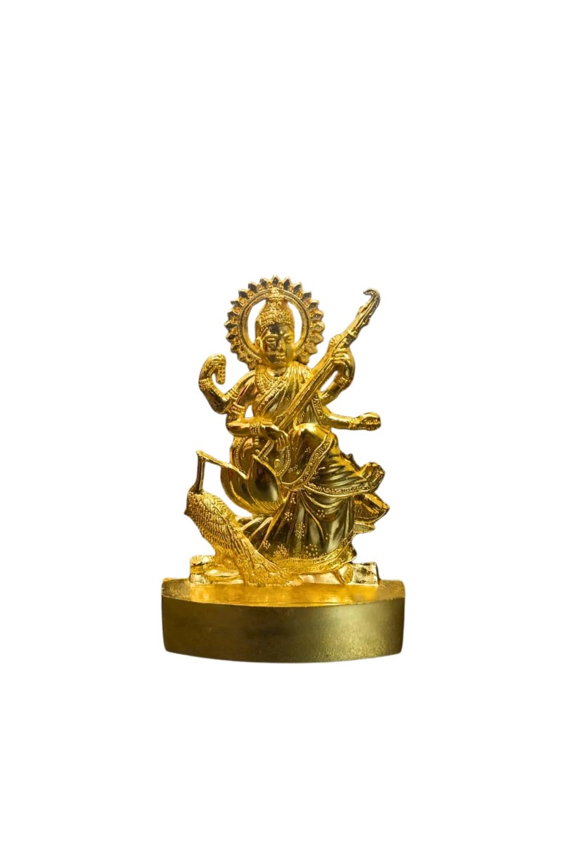 Antique Gold Metal Statue Maa Saraswati Showpiece for Home & Office | Hindu Goddess Decorative Murti for Puja & Mandir Office Table Showpiece.