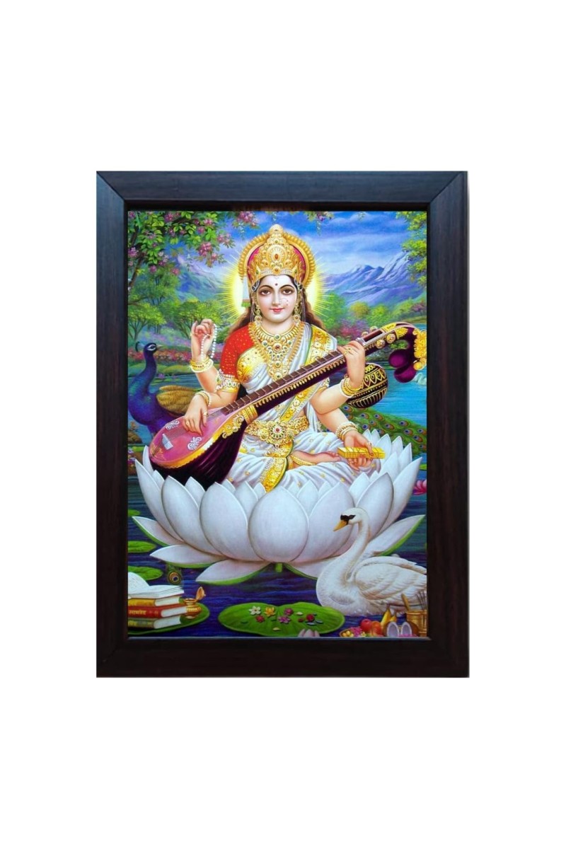 Hitech Lord Saraswati MATA Laminated Photo Frame for Table, Study & Living Room, Gifts (PVC Frame and Front face - Glass, 8 x 6 inch)