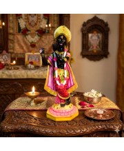 Black Lord Krishna Statue Playing Flute with Golden Crown – Hindu God Murti Idol for Home Mandir, Pooja Room, Temple Decor & Spiritual Gift Item