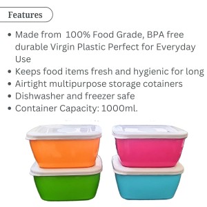 Set of 4 Colorful Food Storage Containers | BPA-Free Plastic Lunch & Meal Prep Boxes with Airtight Lids | Reusable & Stackable Kitchen Storage