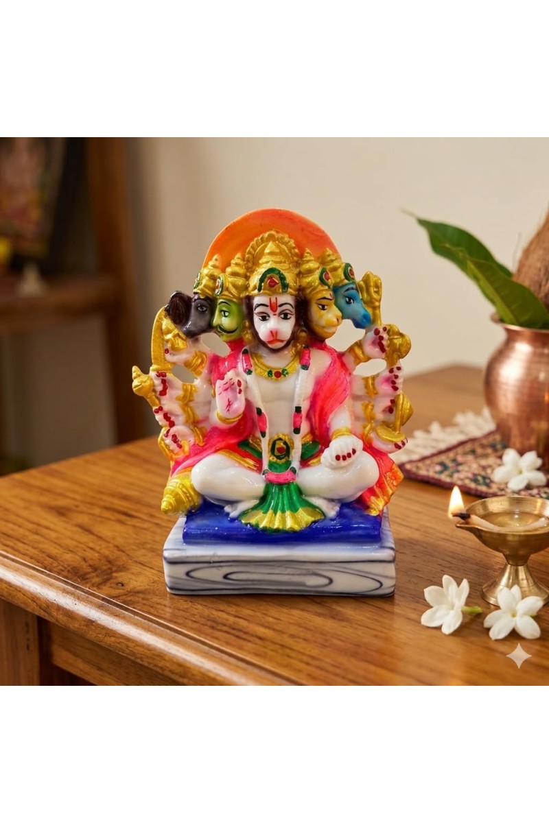 Panchmukhi Hanuman Idol – 5 Face Hanuman Ji Murti for Home Temple, Pooja & Vastu – Multicolor Decorative Resin Statue for Spiritual Decor & Gifting