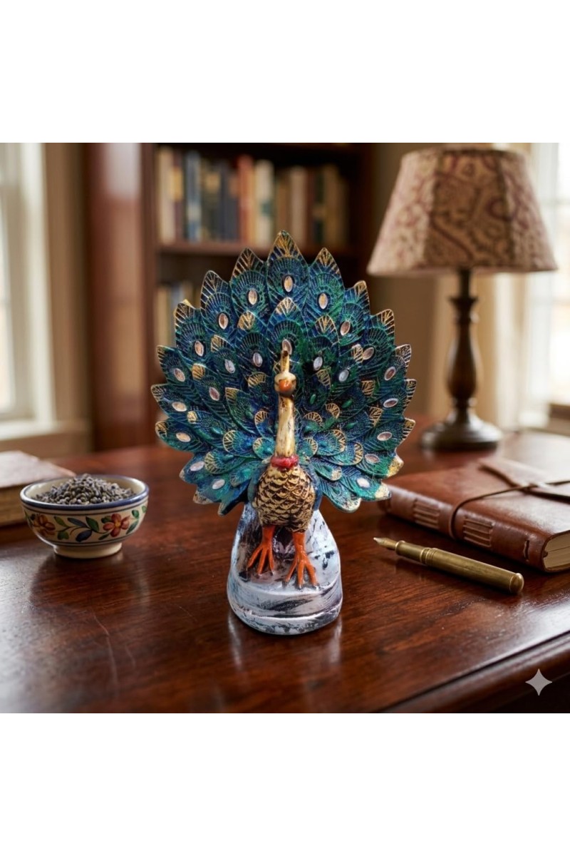 Handcrafted Peacock Showpiece for Home Decor – Colorful Resin Peacock Figurine with Detailed Feather Design – Decorative Tabletop Statue for Living Room, Office & Gift Purpose