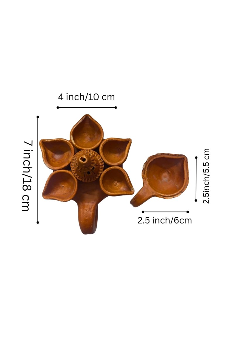 Handcrafted Pancha Pradeep with Diya Combo – Traditional Indian Terracotta 5-Headed Oil Lamp for Diwali, Pooja, and Home Decoration.