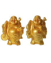 Hitech Sales Laughing Buddha, Marble Resin Gold Feng Shui Statues for Home, Office, Dining Room Decor, Asian Gift Showpiece (Set of 2)