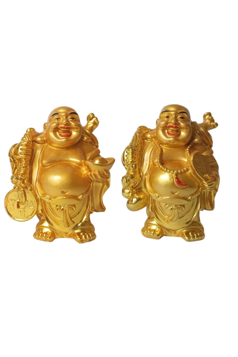 Hitech Sales Laughing Buddha, Marble Resin Gold Feng Shui Statues for Home, Office, Dining Room Decor, Asian Gift Showpiece (Set of 2)