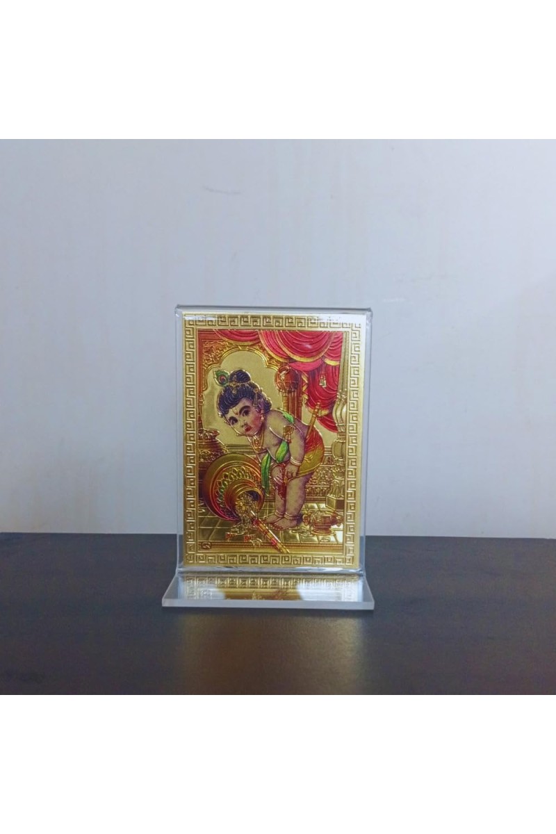 Hitech Sales Makhan Gopal Gold-Plated Religious Acrylic Photo Frame Hindu God and Goddess Temple Art Decor for Home, Office, Car Dashboard and Gift Purpose