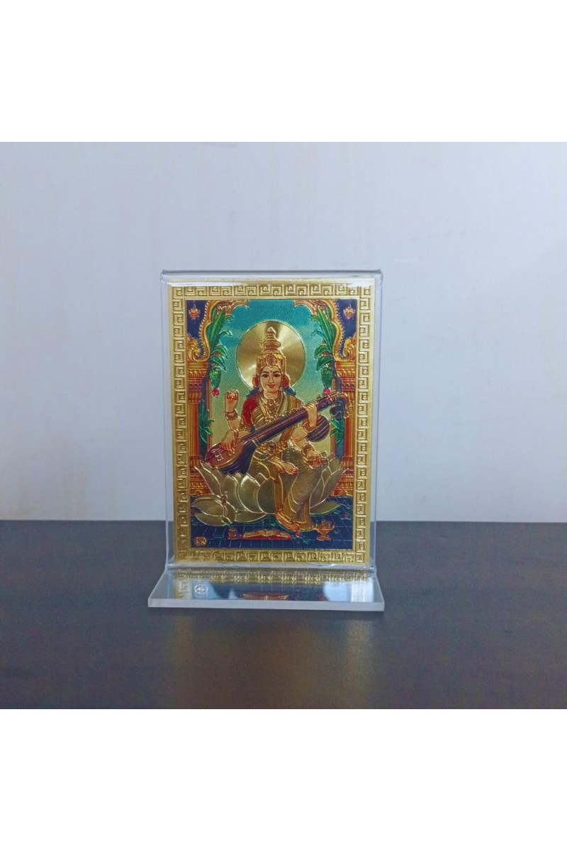 Hitech Sales Gold-Plated MATA Saraswati Religious Acrylic Photo Frame Hindu God and Goddess Temple Art Decor for Home, Office, Car Dashboard and Gift Purpose