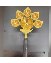 Panch Aarti Diya Oil Lamp, Panch Mukhi Aarti, deep, Jyoti Puja for Diwali/Navratri and Festival. Brass Punch Diya with Wooden Handle - Gold Color Daily Pooja in Home (Small).