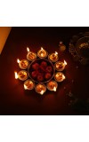 Decorative Brass Finish Diya Stand with Central Bowl | 9 Diya Holder Plate for Pooja, Aarti, Diwali Decoration, Temple & Home Traditional Lighting Plate