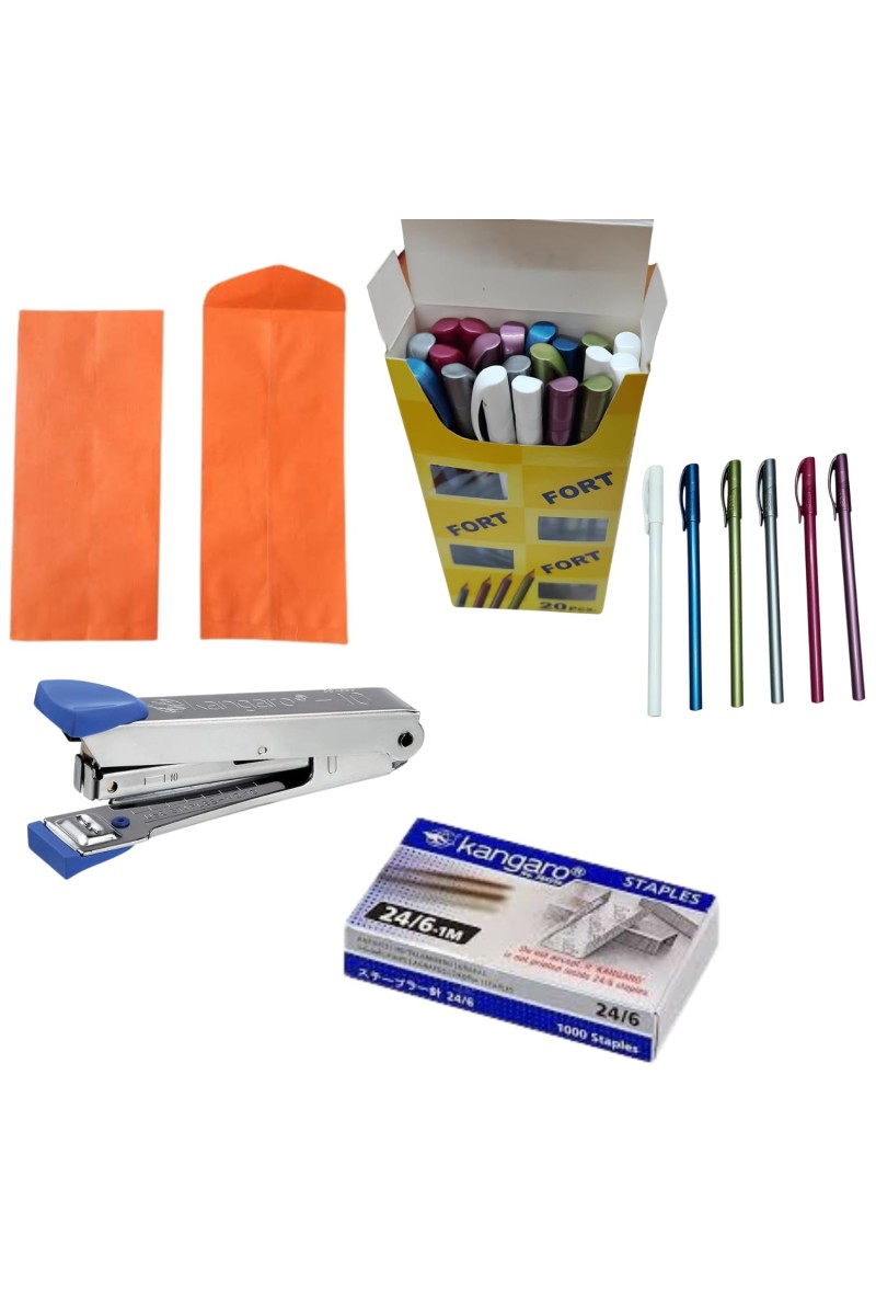 Combo of 20 Pcs Brown Envelopes, 1 Box Fort Gel Pen, Stapler & Pin