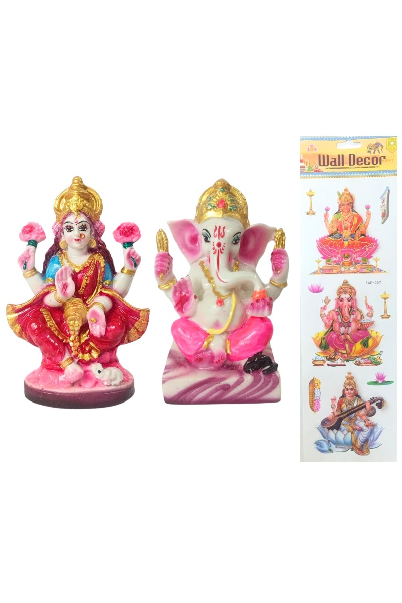 Laxmi Ganesh Murti Idol with Free Stickers by Hi Tech Sales | Hindu Goddess Lakshmi & Lord Ganesha Statue for Puja, Temple, Home & Office Decor | Diwali Festival Spiritual Gift