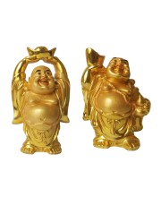 Laughing Buddha Set of 2 | Marble Resin Gold Feng Shui Statues for Home, Office, Dining Room Decor | Asian Gift Showpiece