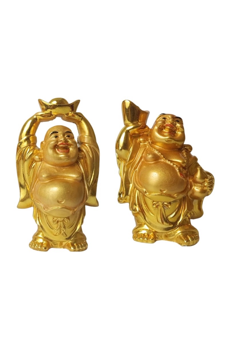 Laughing Buddha Set of 2 | Marble Resin Gold Feng Shui Statues for Home, Office, Dining Room Decor | Asian Gift Showpiece