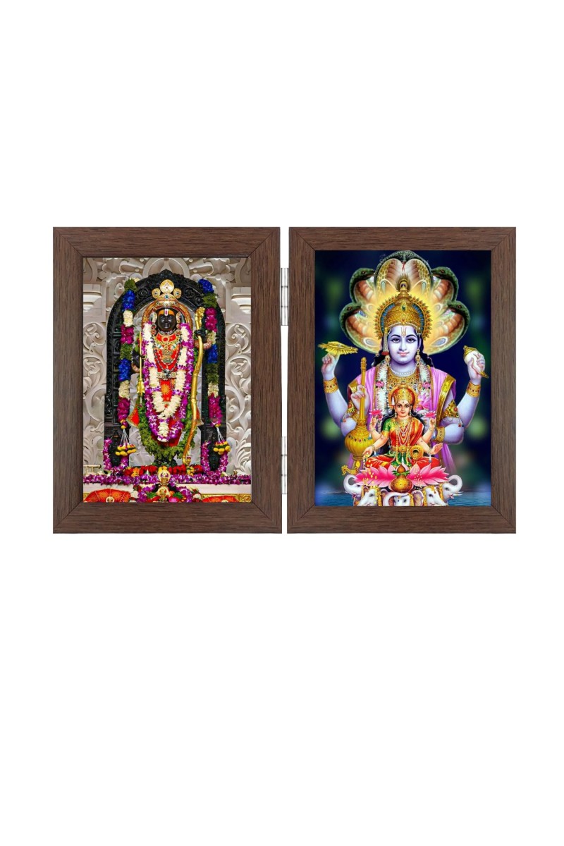 Hitech Sales Shree Ram and Lord Vishnu with MATA Laxmi Double Picture Folding Photo Frame for Table, Home, Pooja Room Decor (Brown, 2 Printed Photos, Tabletop)