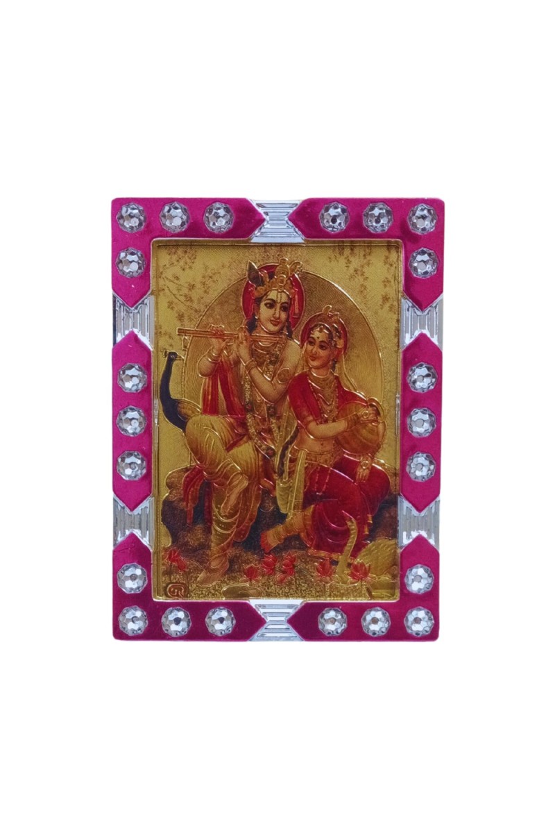 Hitech Sales Mini Decorative Radha Krishna Photo Frame with Designing Border Religious Gift for Home, Office Décor and Card dasboard Small Temple Idol Frame for Worship (6 x 8 cm – 1 Pcs)