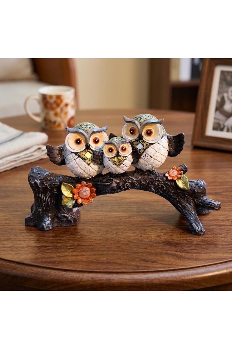 Cute Owl Family Showpiece Figurine on Tree Branch – Decorative Resin Owls Statue for Home, Office & Living Room Décor | Gift Item for Housewarming & Table Decoration