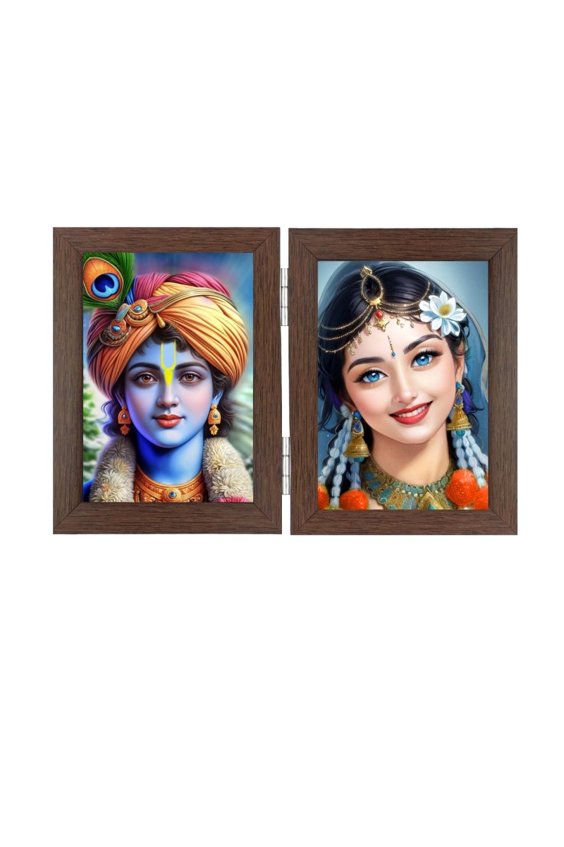 Hitech Sales Radha Krishna Double Picture Folding Photo Frame for Table, Home, Pooja Room Decor (Color- Brown, 2 Photos, Rectangular, Printed Photo, Tabletop Folding Stand Frame)