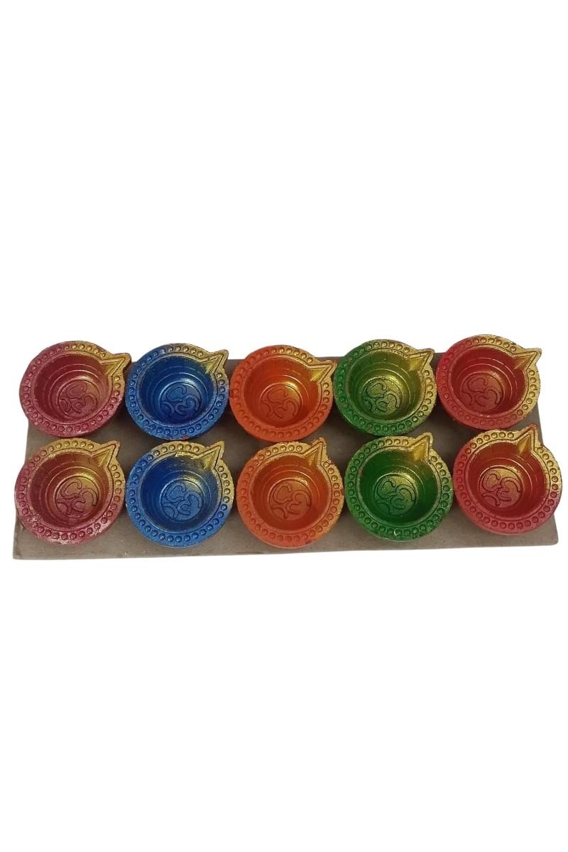 Pack of 10 Decorative Clay Diyas for Diwali – Hand-Painted Multicolor Traditional Oil Lamps – Festival Home Decor with Om Design – Eco-Friendly Diya Set for Pooja, Gifts & Celebrations