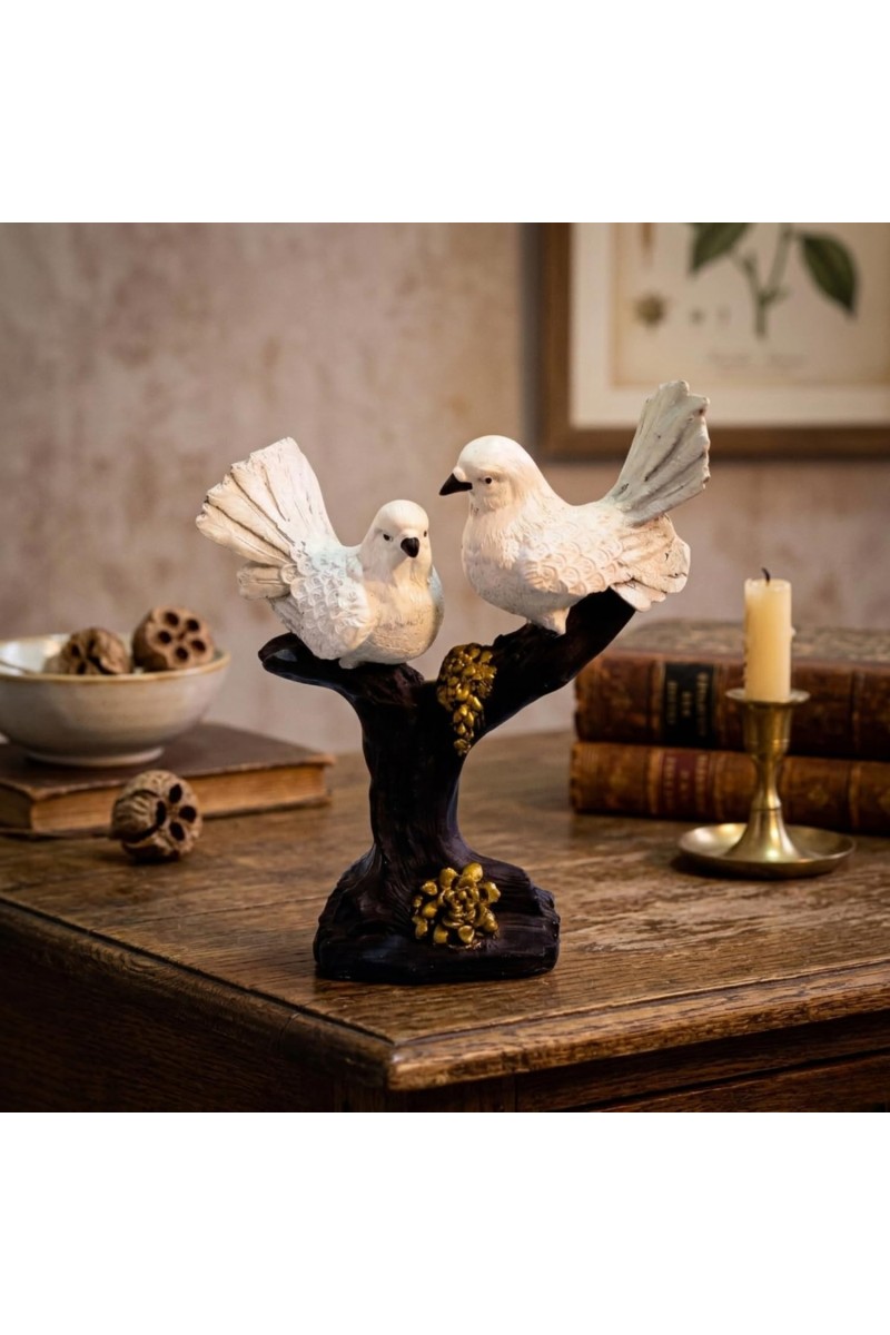 White Bird Couple Decorative Showpiece on Tree Branch Base | Resin Love Birds Figurine for Home & Office Décor | Elegant Tabletop Statue for Living Room, Bedroom & Gift Purpose