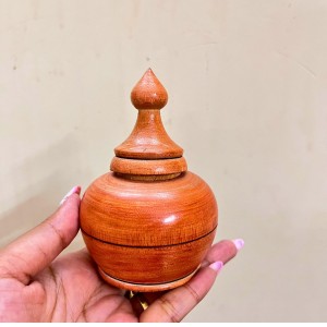 Handcrafted Wooden sindoor Jar with Decorative Lid, Round Shape, Orange-Brown Finish