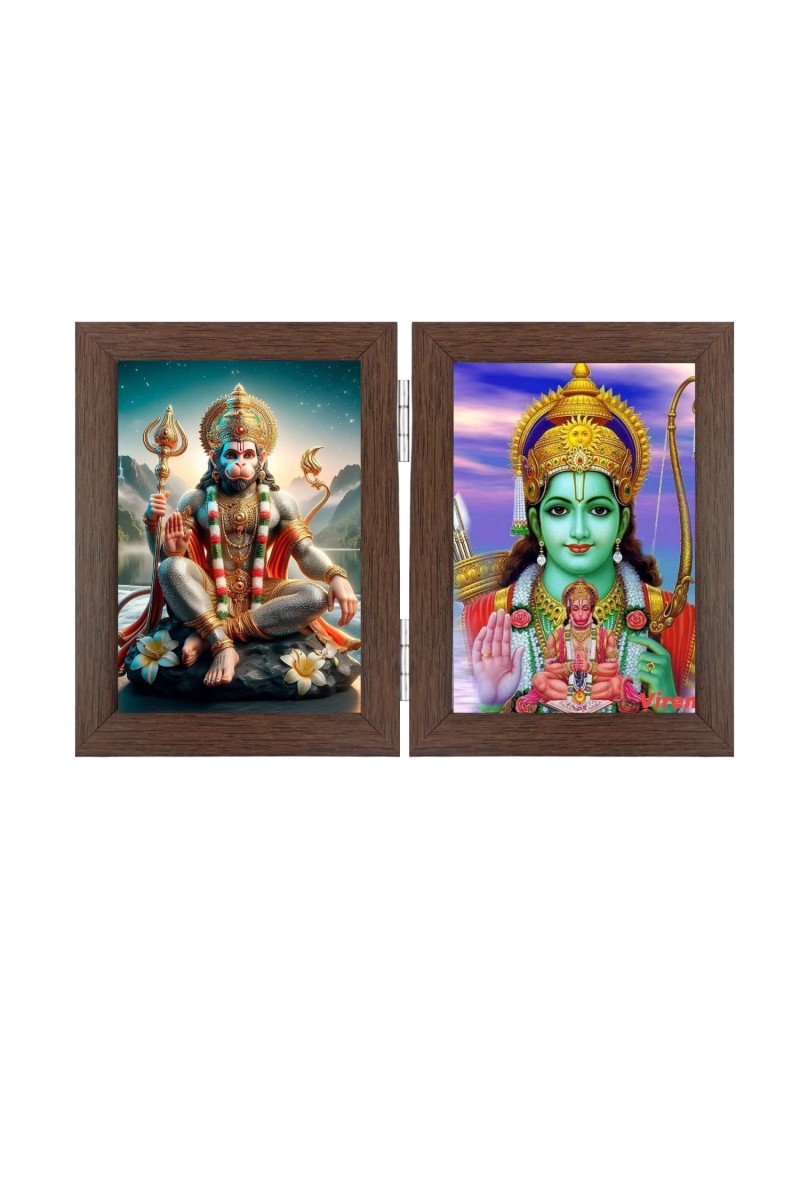 Hitech Sales Shree Hanuman and Ram Vishnu Double Picture Folding Photo Frame for Table, Home, Pooja Room Decor (Brown, 2 Printed Photos, Tabletop)