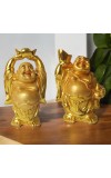 Laughing Buddha Set of 2 | Marble Resin Gold Feng Shui Statues for Home, Office, Dining Room Decor | Asian Gift Showpiece