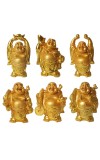 Laughing Buddha Set of 6 | Marble Resin Gold Feng Shui Buddha Statues for Home Decor, Office, Dining Room | Asian Gift Showpiece