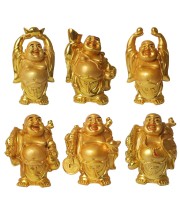 Laughing Buddha Set of 6 | Marble Resin Gold Feng Shui Buddha Statues for Home Decor, Office, Dining Room | Asian Gift Showpiece