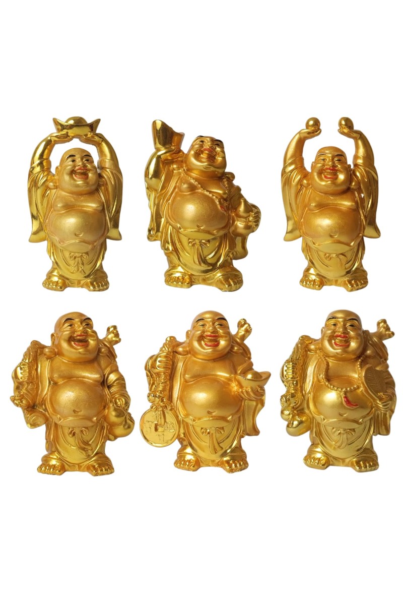 Laughing Buddha Set of 6 | Marble Resin Gold Feng Shui Buddha Statues for Home Decor, Office, Dining Room | Asian Gift Showpiece
