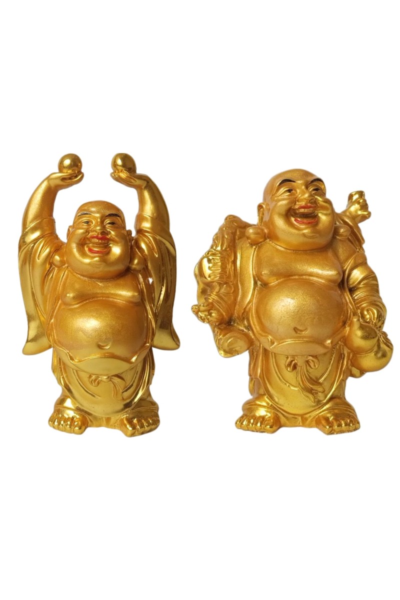 Hitech Sales Marble Resin Laughing Buddha Set of 2 | Marble Resin Gold Feng Shui Statues for Home, Office, Dining Room Decor | Asian Gift Showpiece