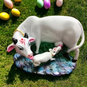 Hitech White Color Small Size Table Decor Religious Idol Cow & Calf Set