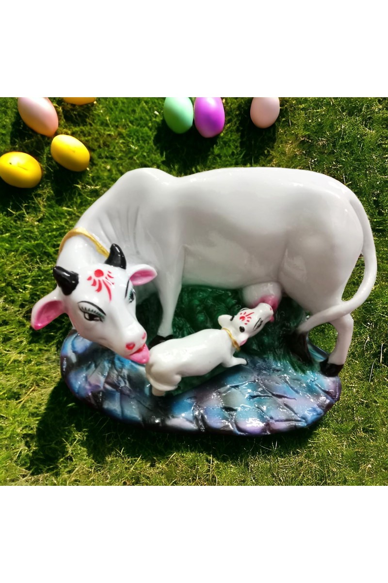 Hitech White Color Small Size Table Decor Religious Idol Cow & Calf Set