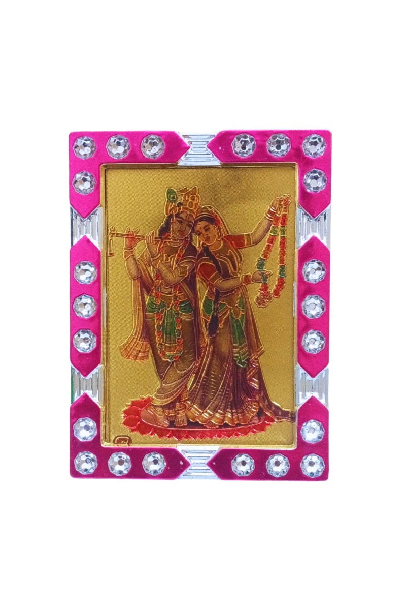 Hitech Sales Mini Decorative Hindu God Radha Krishna Photo Frame with Designing Border Religious Gift for Home, Office Décor and Card dasboard Small Temple Idol Frame for Worship (6 x 8 cm – 1 Pcs)