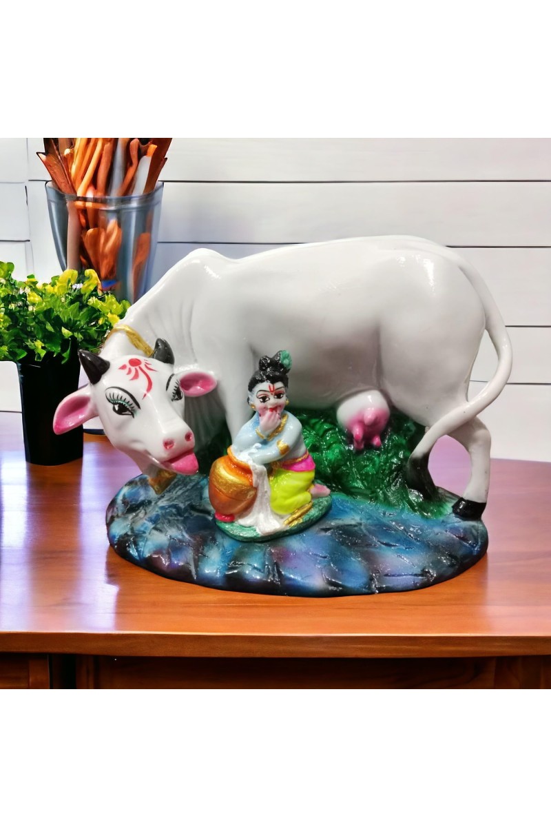 Hitech White Color Small Size Table Decor Religious Idol Cow & Gopal Set