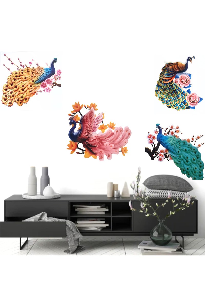Hitech 3D Peacock Wall Decor Stickers | 4 in 1pack | 3D Printed Wall Decor Peacock Wall Art for Wall Design