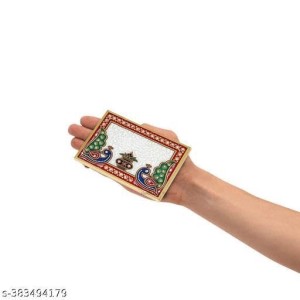 HiTechMart Makrana Marble Puja Chowki Combo Set – Hand-Painted Meenakari & Kundan Work Bajot/Singhasan for Mandir, Festival, Vrat, Decorative Pooja Platform for Idols & Gift Purpose