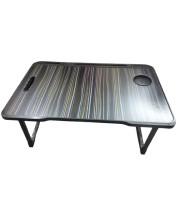 Hitech Sales, Portable Laptop Table with Foldable Legs, Multi-Utility Slots & Gray Striped Woodgrain Finish – Bed Table for Work, Study & Entertainment