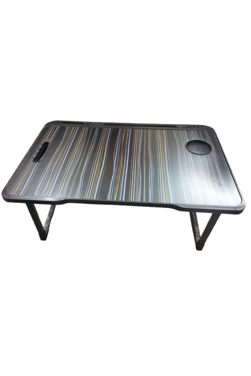 Hitech Sales, Portable Laptop Table with Foldable Legs, Multi-Utility Slots & Gray Striped Woodgrain Finish – Bed Table for Work, Study & Entertainment