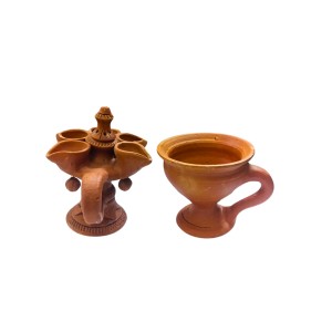 Panch Pradeep with Dhunuchi Combo - Traditional Handcrafted Terracotta 5-Lamp Oil Holder & Incense Holder for Pooja, Religious Ceremonies, Diwali, and Festivals