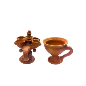 Panch Pradeep with Dhunuchi Combo - Traditional Handcrafted Terracotta 5-Lamp Oil Holder & Incense Holder for Pooja, Religious Ceremonies, Diwali, and Festivals
