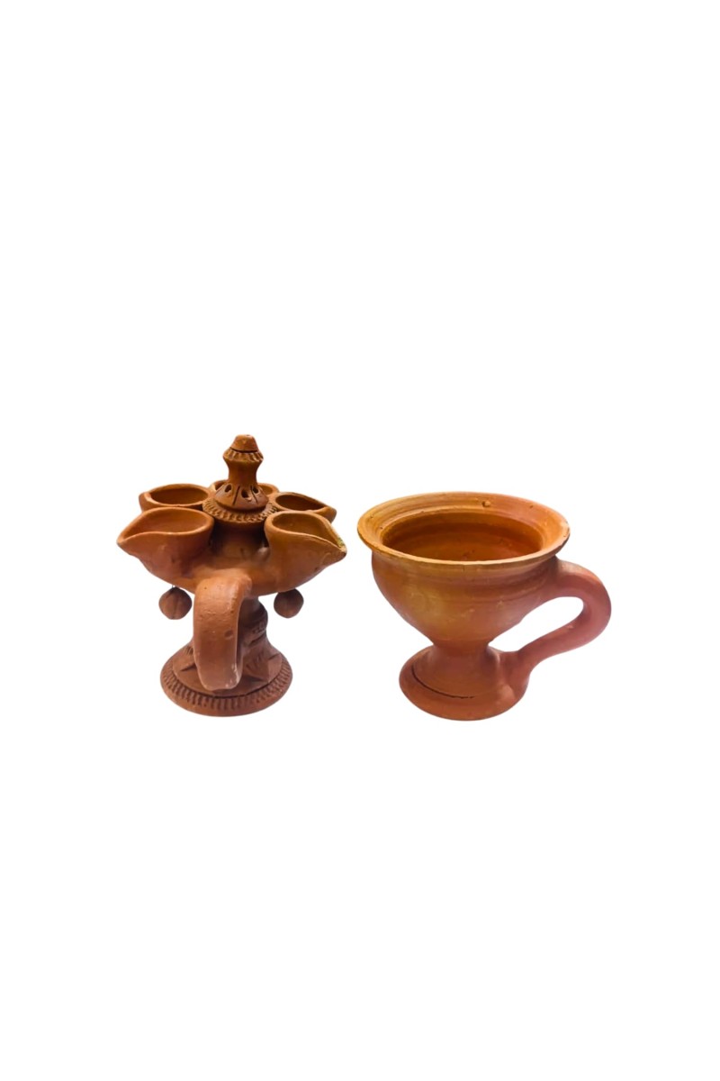 Panch Pradeep with Dhunuchi Combo - Traditional Handcrafted Terracotta 5-Lamp Oil Holder & Incense Holder for Pooja, Religious Ceremonies, Diwali, and Festivals