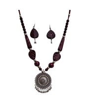 Handmade Beaded Necklace Set for Women with Oxidised Silver Pendant & Matching Earrings | Tribal Ethnic Jewellery | Boho Statement Necklace for Festive & Casual Wear