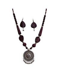 Handmade Beaded Necklace Set for Women with Oxidised Silver Pendant & Matching Earrings | Tribal Ethnic Jewellery | Boho Statement Necklace for Festive & Casual Wear