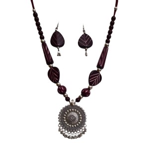 Handmade Beaded Necklace Set for Women with Oxidised Silver Pendant & Matching Earrings | Tribal Ethnic Jewellery | Boho Statement Necklace for Festive & Casual Wear Handmade Beaded Necklace Set for Women with Oxidised Silver Pendant & Matching Earrings | Tribal Ethnic Jewellery | Boho Statement Necklace for Festive & Casual Wear