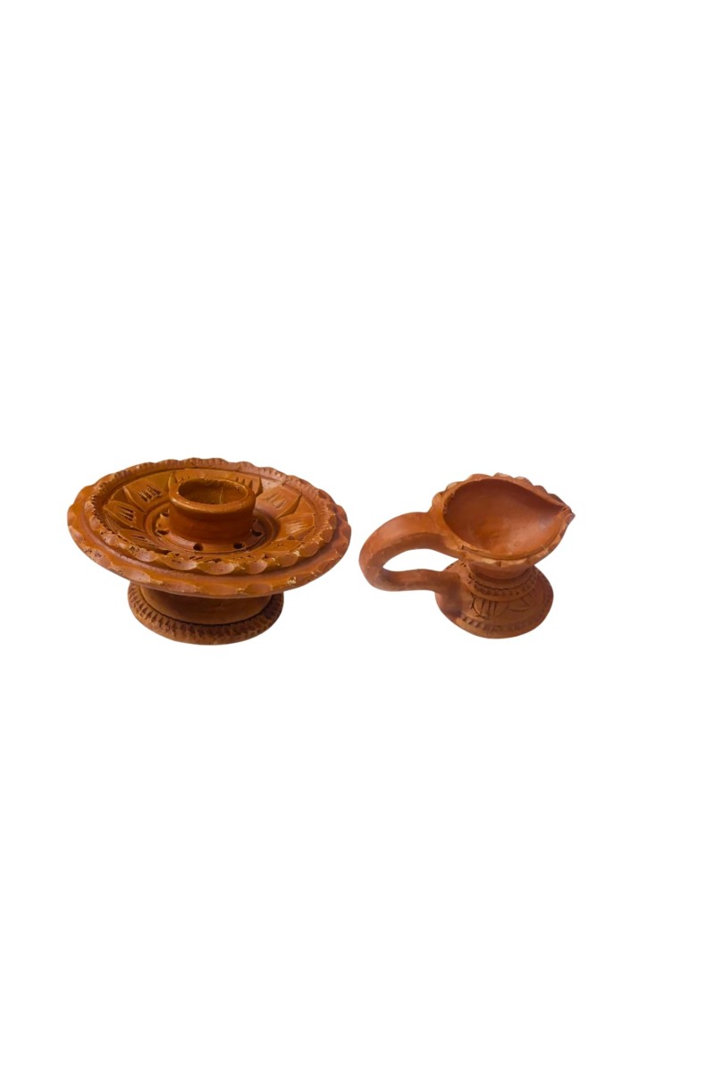 Handcrafted Terracotta Dhoop Daani Stand with Diya Pradeep - Traditional Indian Incense Holder & Oil Lamp for Pooja, Meditation, and Home Decor, Religious Rituals