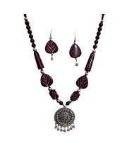 Handmade Beaded Necklace Set for Women with Oxidised Silver Pendant & Matching Earrings | Tribal Ethnic Jewellery | Boho Statement Necklace for Festive & Casual Wear (Square)