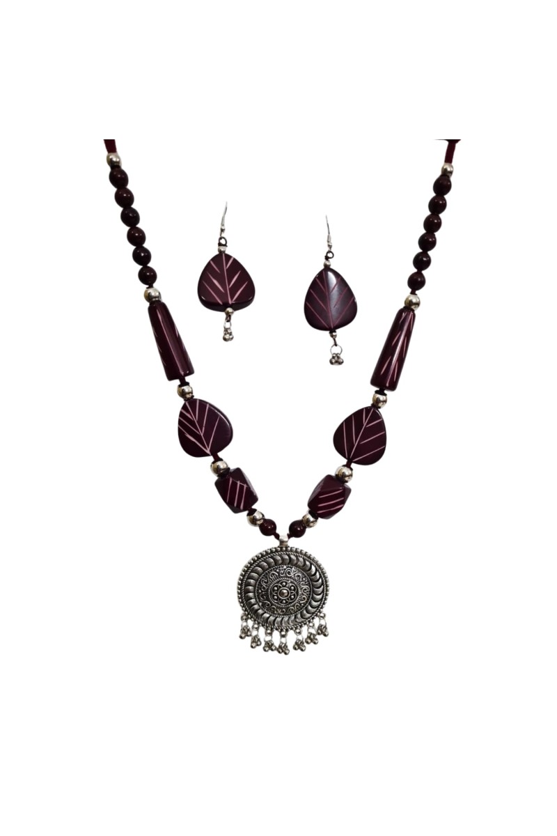 Handmade Beaded Necklace Set for Women with Oxidised Silver Pendant & Matching Earrings | Tribal Ethnic Jewellery | Boho Statement Necklace for Festive & Casual Wear (Square)