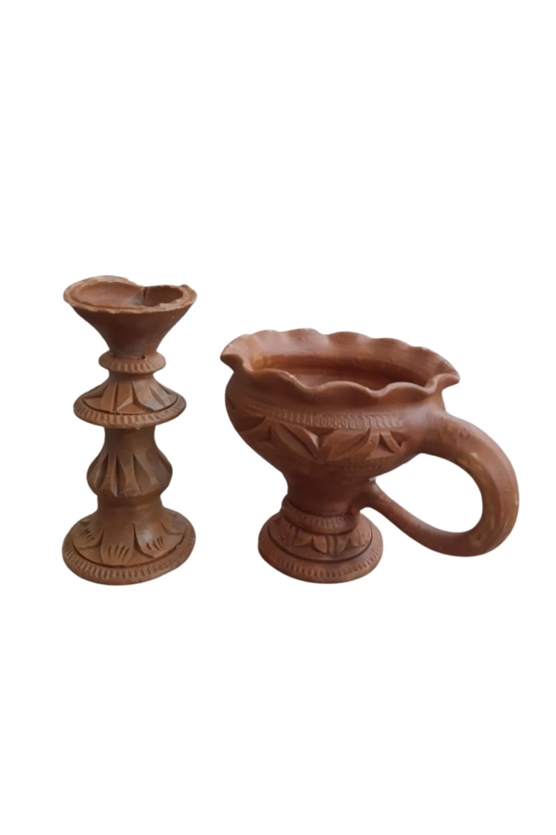 Handmade Clay Dhoop Dani and Pradeep Traditional Terracotta Diya for Puja Home Temple Decoration Festival Use (Set of Two)