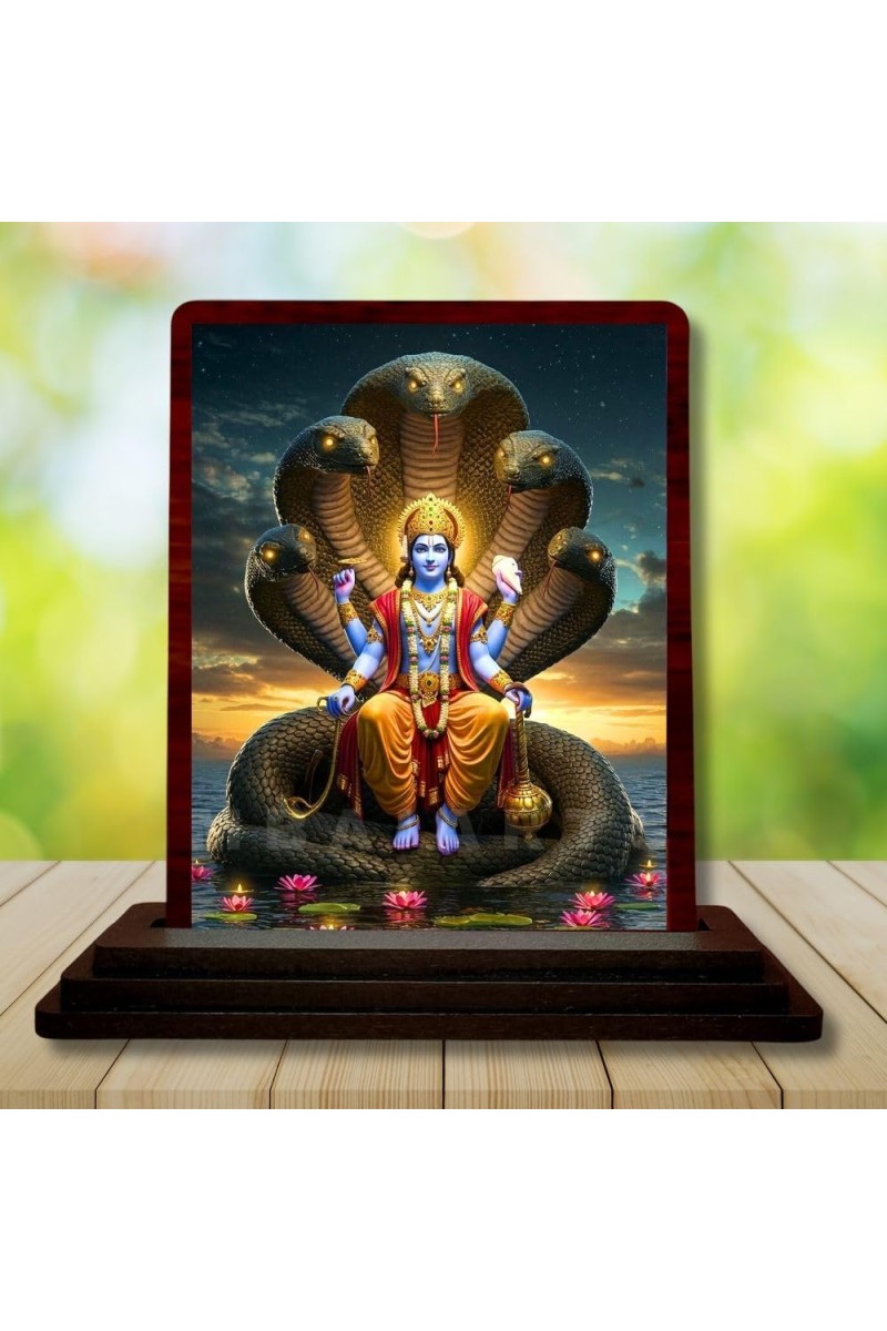 Car Desk/Table Top Lord Vishnu Wooden Photo Stand â€“ 3x4 Inches, Compact & Stylish Spiritual Display For Car, Home & Office (Pack Of 1) (F14422)